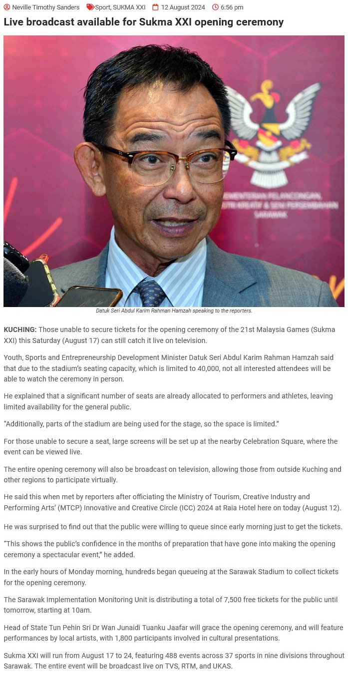 Live broadcast available for Sukma XXI opening ceremony