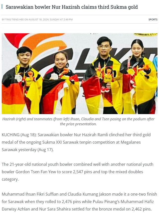  Sarawakian bowler Nur Hazirah claims third Sukma gold