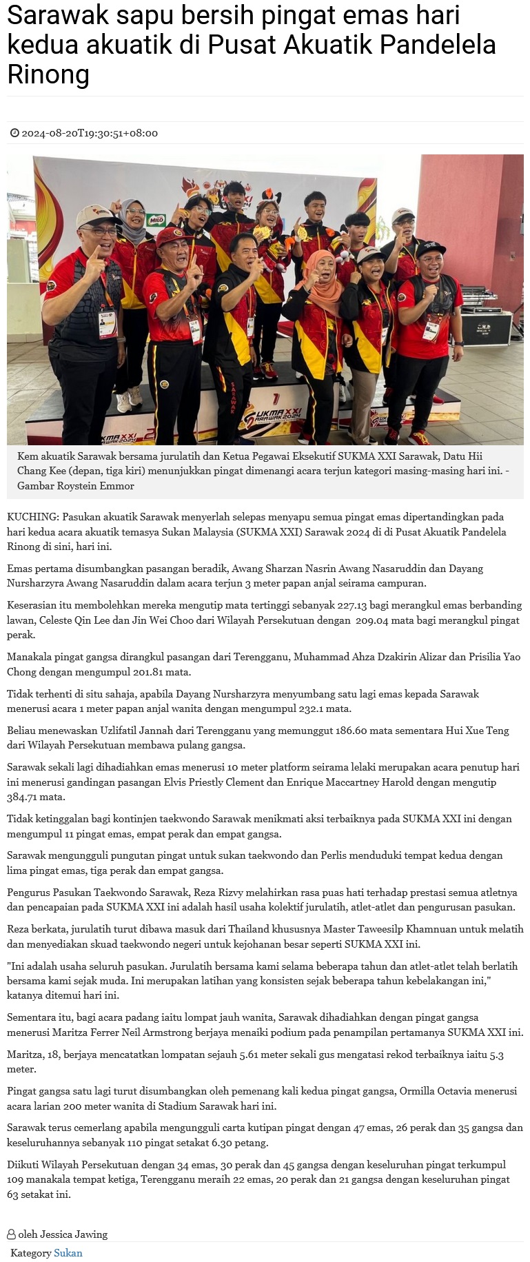 Sarawak sapu bersih pingat emas hari kedua akuatik di Pusat Akuatik Pandelela Rinong