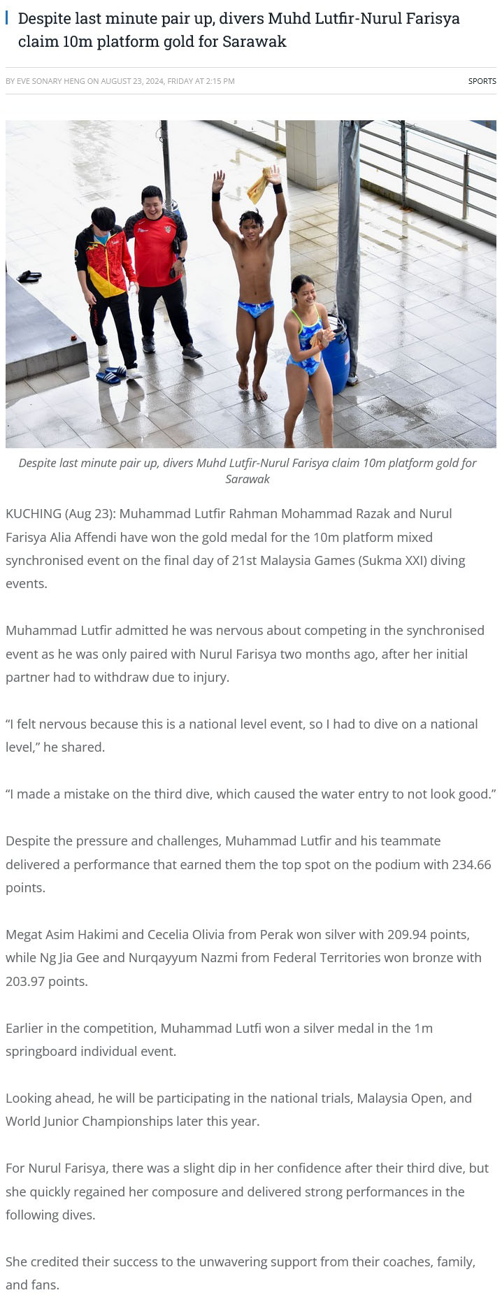  Despite last minute pair up, divers Muhd Lutfir-Nurul Farisya claim 10m platform gold for Sarawak 