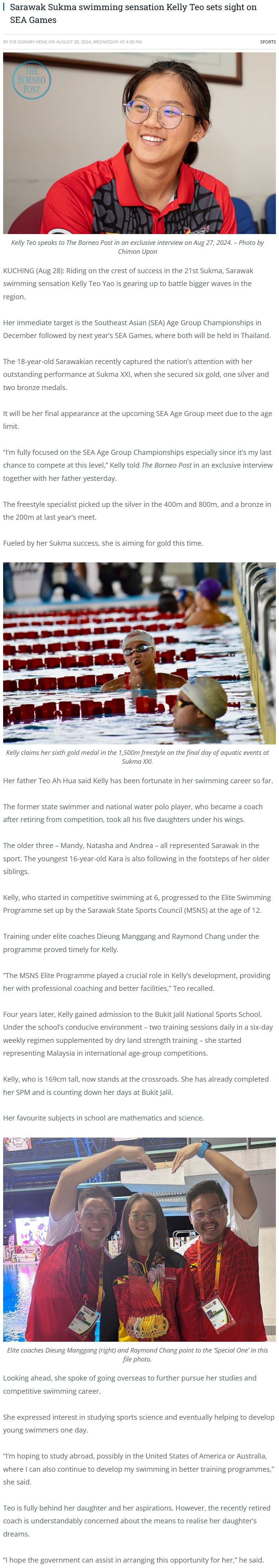 Sarawak Sukma swimming sensation Kelly Teo sets sight on SEA Games 
